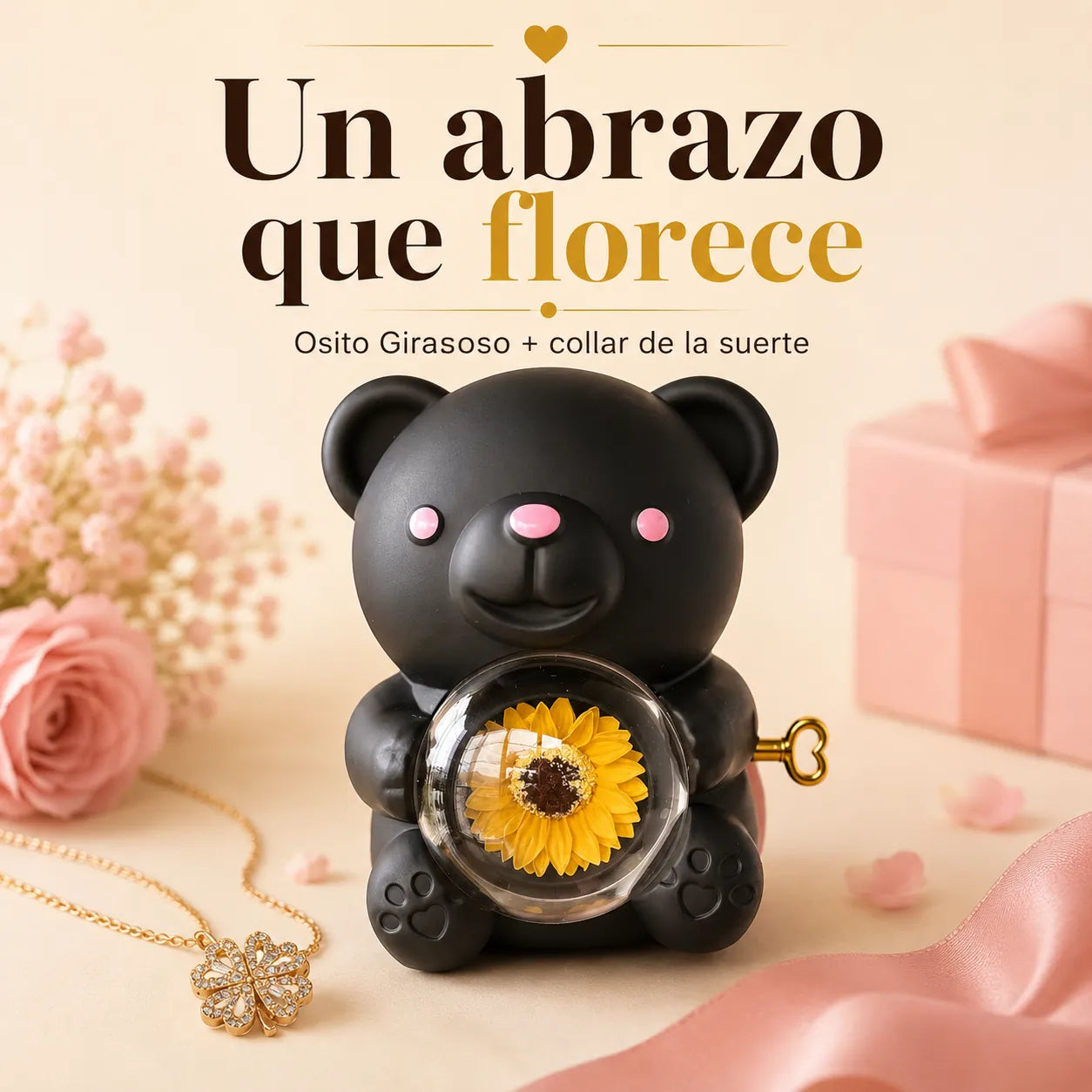 CAJA OSITO GIRASOL + Collar Treboll Corazon