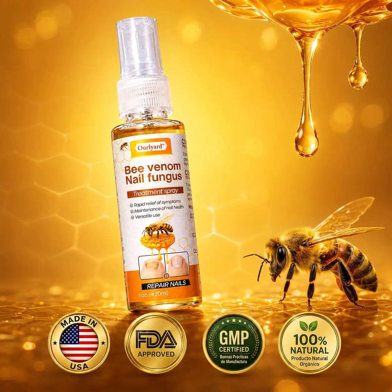 Spray reparador de uñas KaJota con veneno de abeja, botella pequeña y dispensador en imagen.