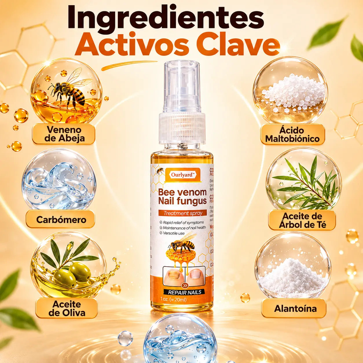 Spray reparador de uñas KaJota con veneno de abeja para fortalecer y cuidar las uñas dañadas.