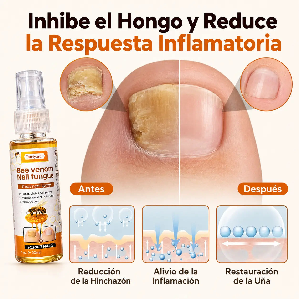 Spray reparador de uñas KaJota con veneno de abeja, botella pequeña y aplicador para fortalecer y cuidar las uñas naturales.