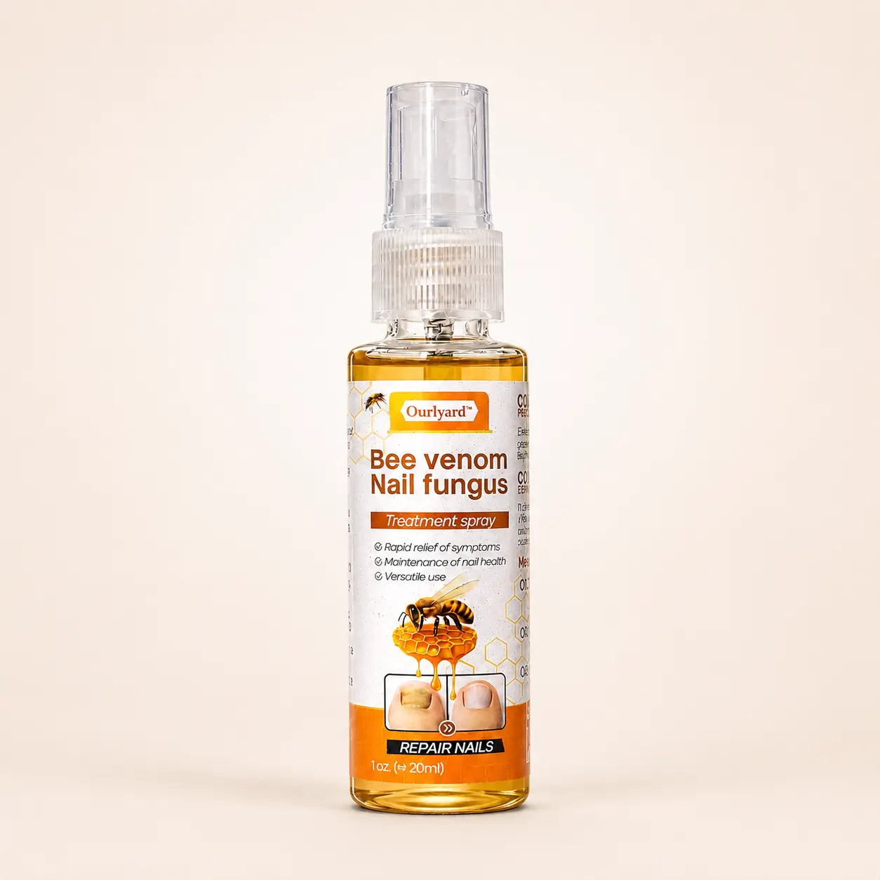 Spray reparador de uñas KaJota con veneno de abeja para fortalecer y cuidar las uñas, visible en el envase y aplicador.