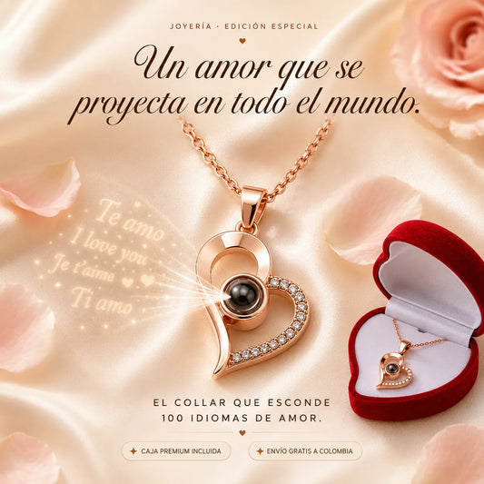 Collar de bisutería KaJota con colgante que dice "Te amo" en 100 idiomas, diseño elegante y moderno.