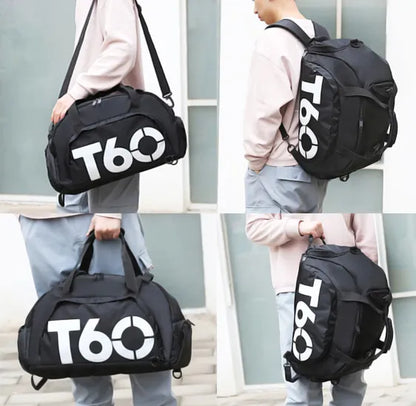 Bolso multifuncional KaJota de color negro con múltiples compartimentos y correas ajustables, diseño práctico y moderno.