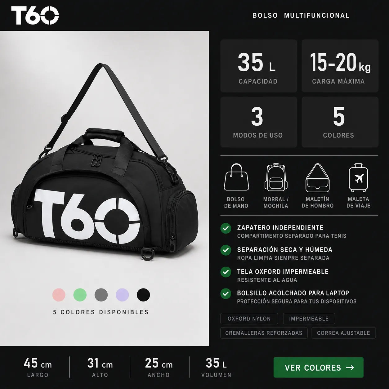 Bolso multifuncional KaJota de color negro con compartimentos y asas ajustables, diseño práctico y moderno.