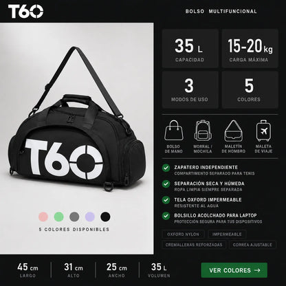 Bolso multifuncional KaJota de color negro con compartimentos y asas ajustables, diseño práctico y moderno.