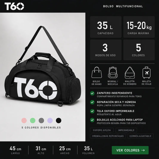 Bolso multifuncional KaJota de color negro con compartimentos y asas ajustables, diseño práctico y moderno.