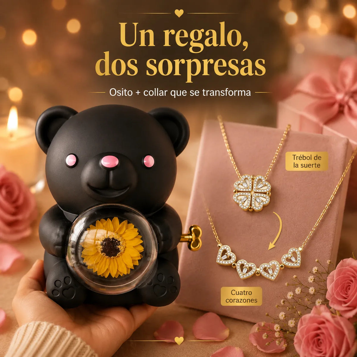 Collar con osito y trébol de corazón en bisutería KaJota, diseño delicado y colorido en acabado de calidad.