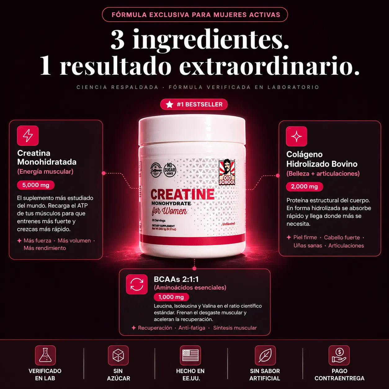 Creatina para mujeres de KaJota, suplemento de salud con polvo blanco en envase con etiqueta.