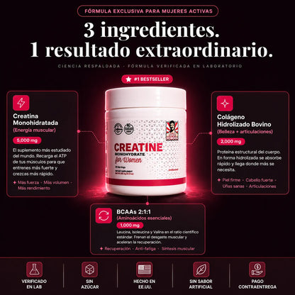 Creatina para mujeres de KaJota, suplemento de salud con polvo blanco en envase con etiqueta.