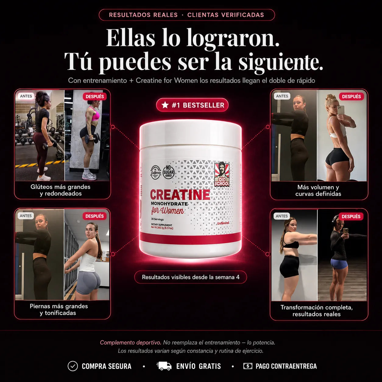 Creatina para mujeres de la marca KaJota, suplemento de salud en polvo con envase y cucharita medidora visible.