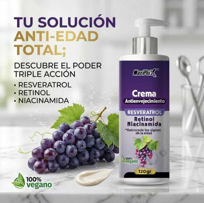 Crema de resveratrol de KaJota para belleza, frasco con textura y color crema en un envase elegante.