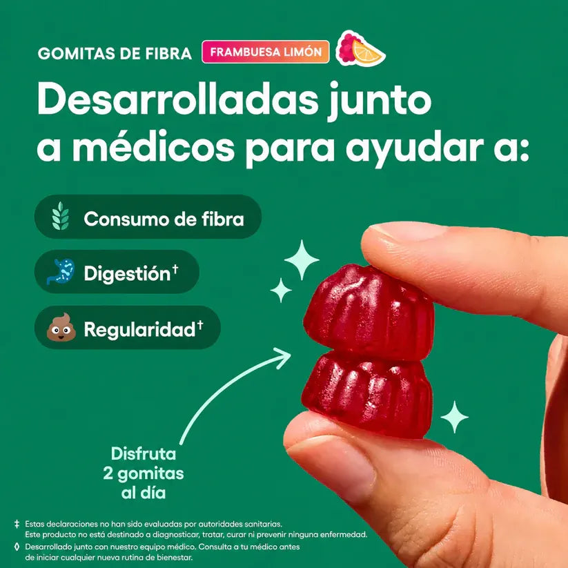 Gomas de fibra KaJota en frasco, con varias gomitas coloridas y suaves, ideales para mejorar la digestión y la salud intestinal.