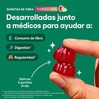 Gomas de fibra KaJota en frasco, con varias gomitas coloridas y suaves, ideales para mejorar la digestión y la salud intestinal.
