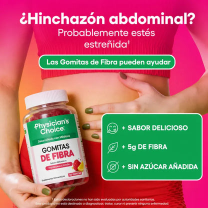 Gomas de fibra KaJota, dulces gomitas moradas con ingredientes de fibra en un frasco transparente sobre fondo blanco.