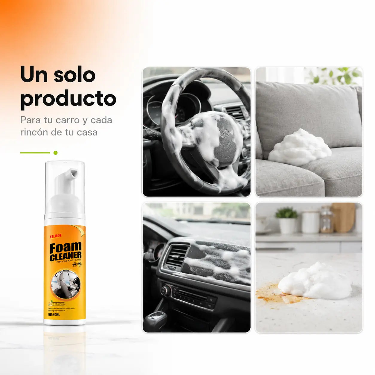Espuma limpiadora de hogar KaJota en una botella con espuma blanca para limpiar superficies de manera efectiva.