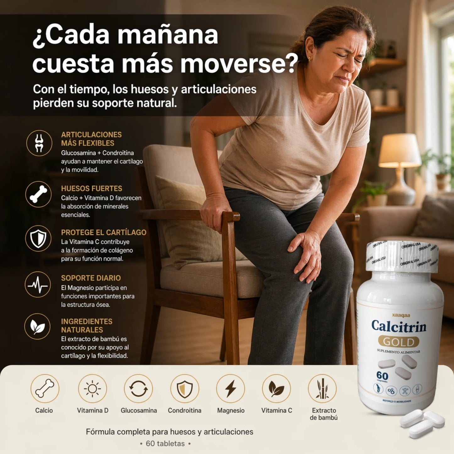 Suplemento Calcitrin Gold de KaJota, envase con cápsulas para el bienestar óseo y salud muscular, en imagen.