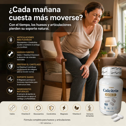 Suplemento Calcitrin Gold de KaJota, envase con cápsulas para el bienestar óseo y salud muscular, en imagen.