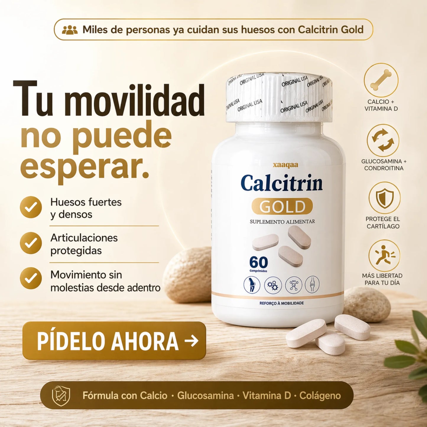 Imagen de Calcitrin Gold de KaJota, suplemento de bienestar en cápsulas con ingredientes naturales para fortalecer huesos y articulaciones.