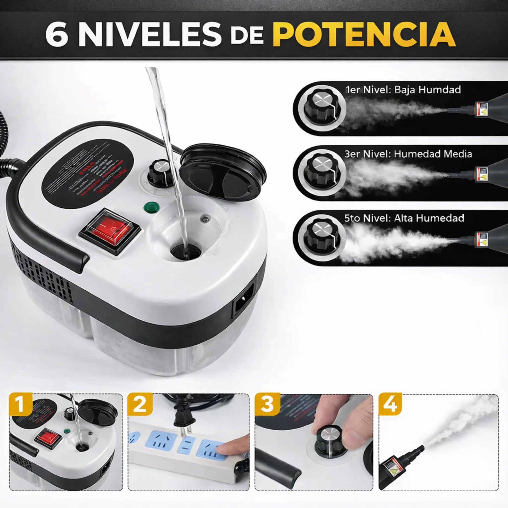 Limpiador a vapor KaJota de 2500W para salud, con boquilla y depósito de agua, listo para desinfectar y limpiar superficies.