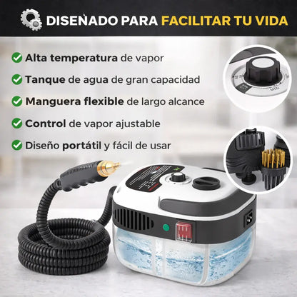 Limpiador a vapor KaJota de 2500W para salud, con manguera y accesorios, en uso en una superficie doméstica.