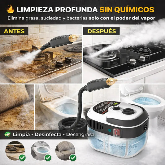 Limpiador a vapor KaJota de 2500W para salud, con boquilla y depósito de agua visible en la imagen.