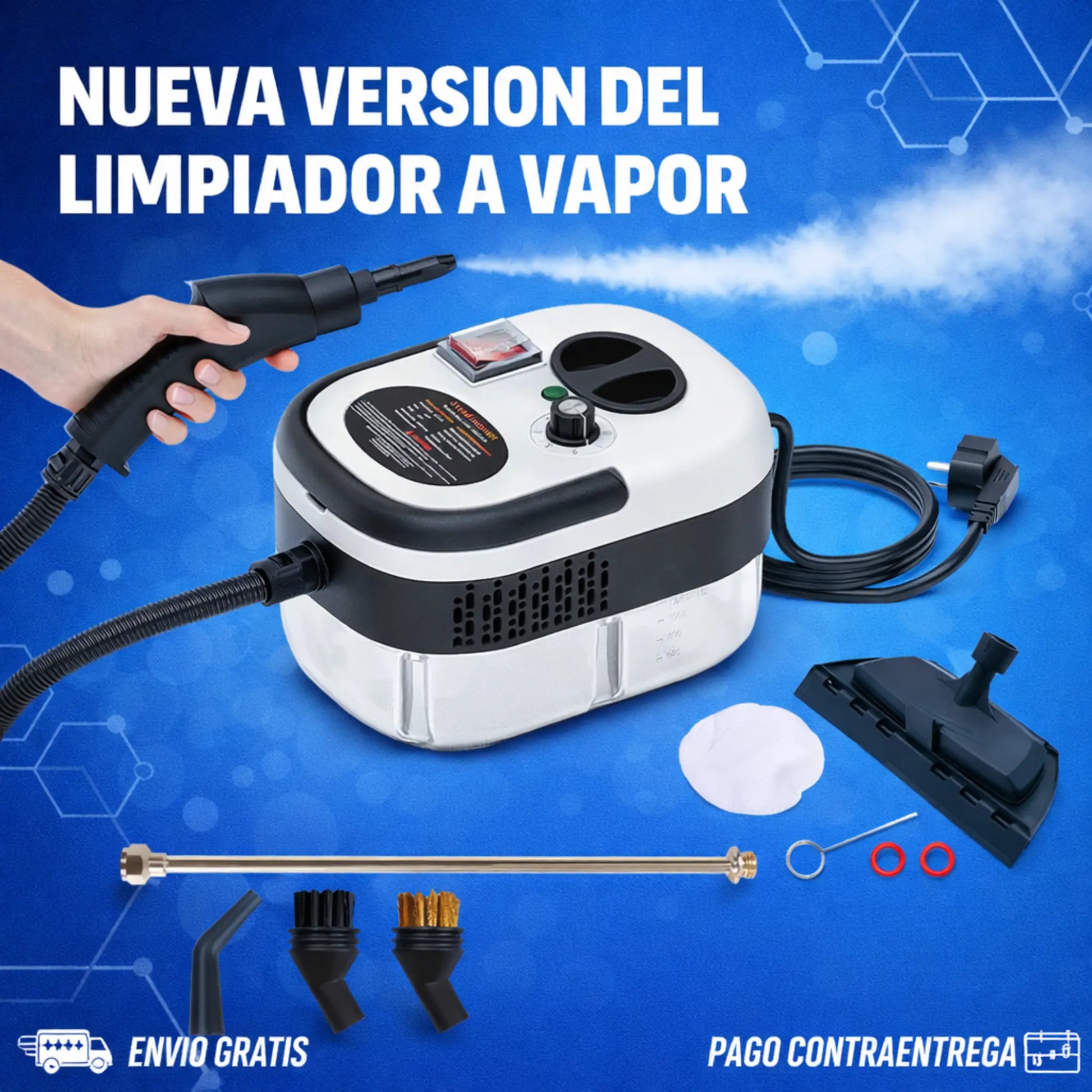 Limpiador a vapor KaJota de 2500W para salud, con cabezal y manguera, en uso en una superficie del hogar.